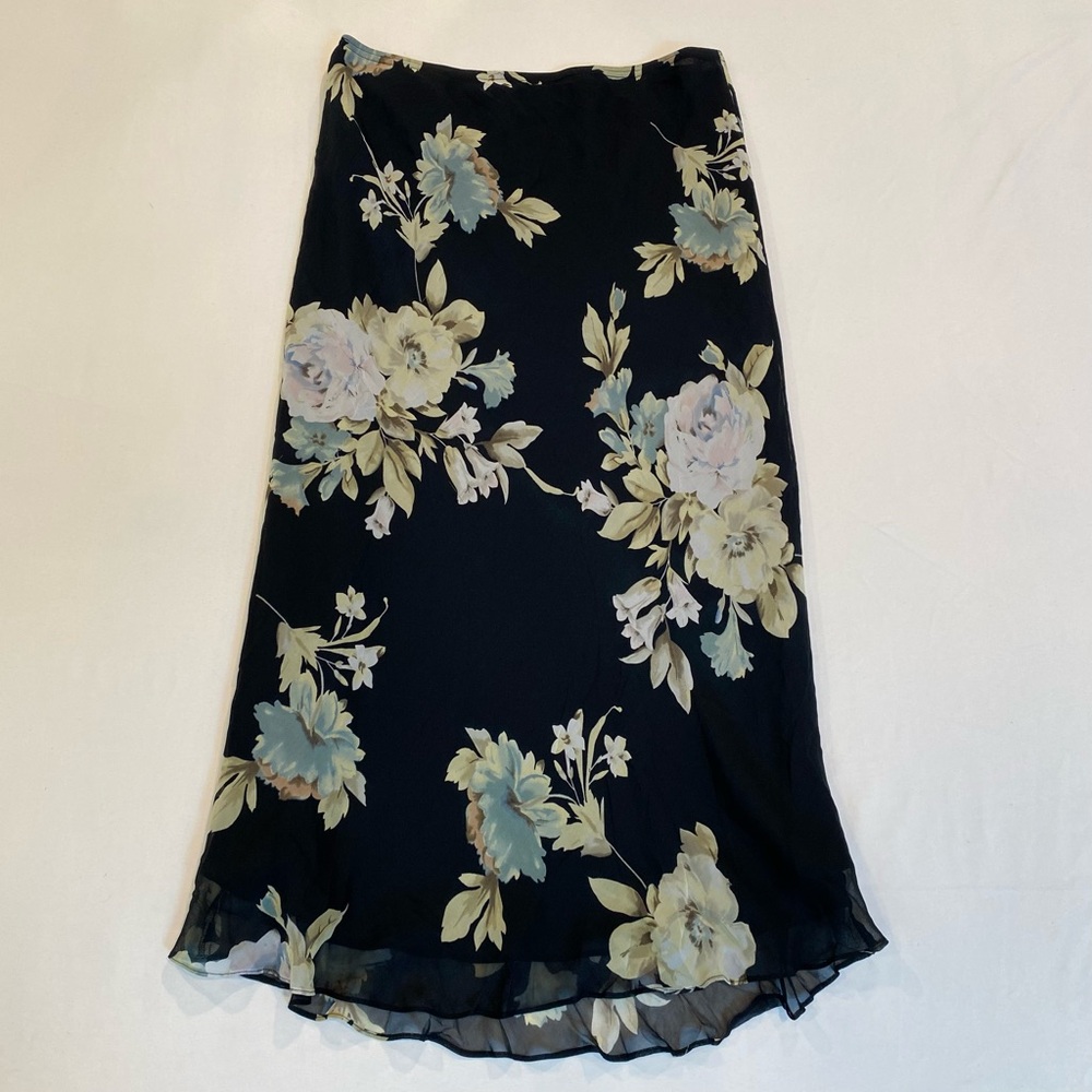 Vintage 90s Silk Chiffon Floral Black Midi Skirt, Grunge Downtown Girl Indie
